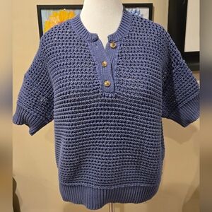 Textured Short-Sleeve Crewneck Sweater with Button Placket - Blue